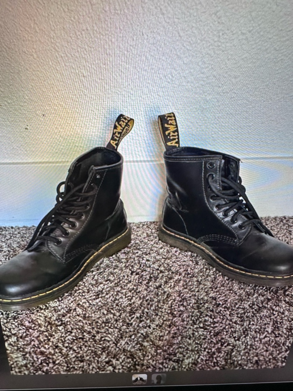 DOC. Martens  Sz 8 Black Leather Lace-Up Combat Boots with Yellow Stitching